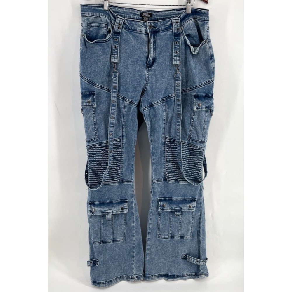 Social Collision Jeans Women Sz 20 Acid Wash Moto Suspender Flare Low‎ Rise 38"W